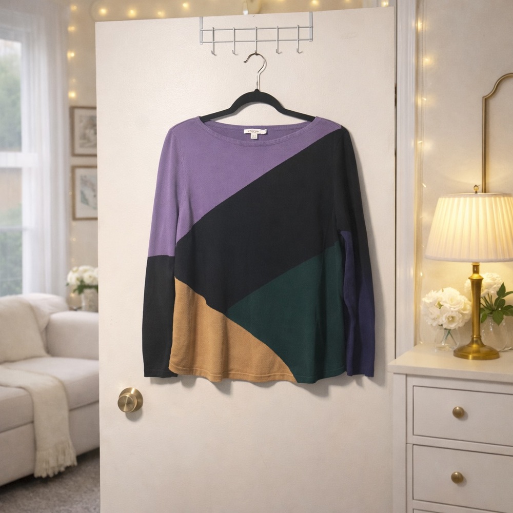 ✨ Chico’s Colorblock Bateau Neck Sweater Long Sleeve Knit Top Size L